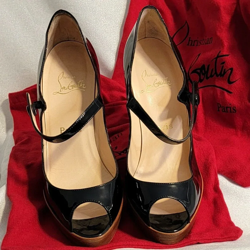 CHRISTIAN LOUBOUTIN Black Patent Leather Zeppa Mary Jane Peep Toe Pumps 39 - Picture 3 of 13
